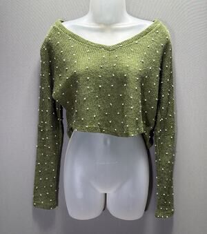 PPLA Swiss Dot Long Sleeve Sweater Size S Oversized Cropped Cozy Green